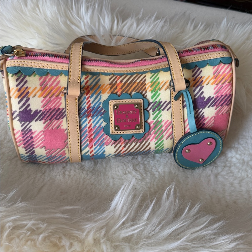 Dooney & Bourke Multicolor Plaid Mini Barrel Bag with Pink Heart Charm - Picture 3 of 16
